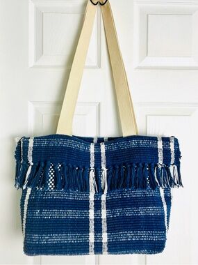 Boho Woven Blue Stripe Fringe Large Tote Bag Cotton Beach Market Bag